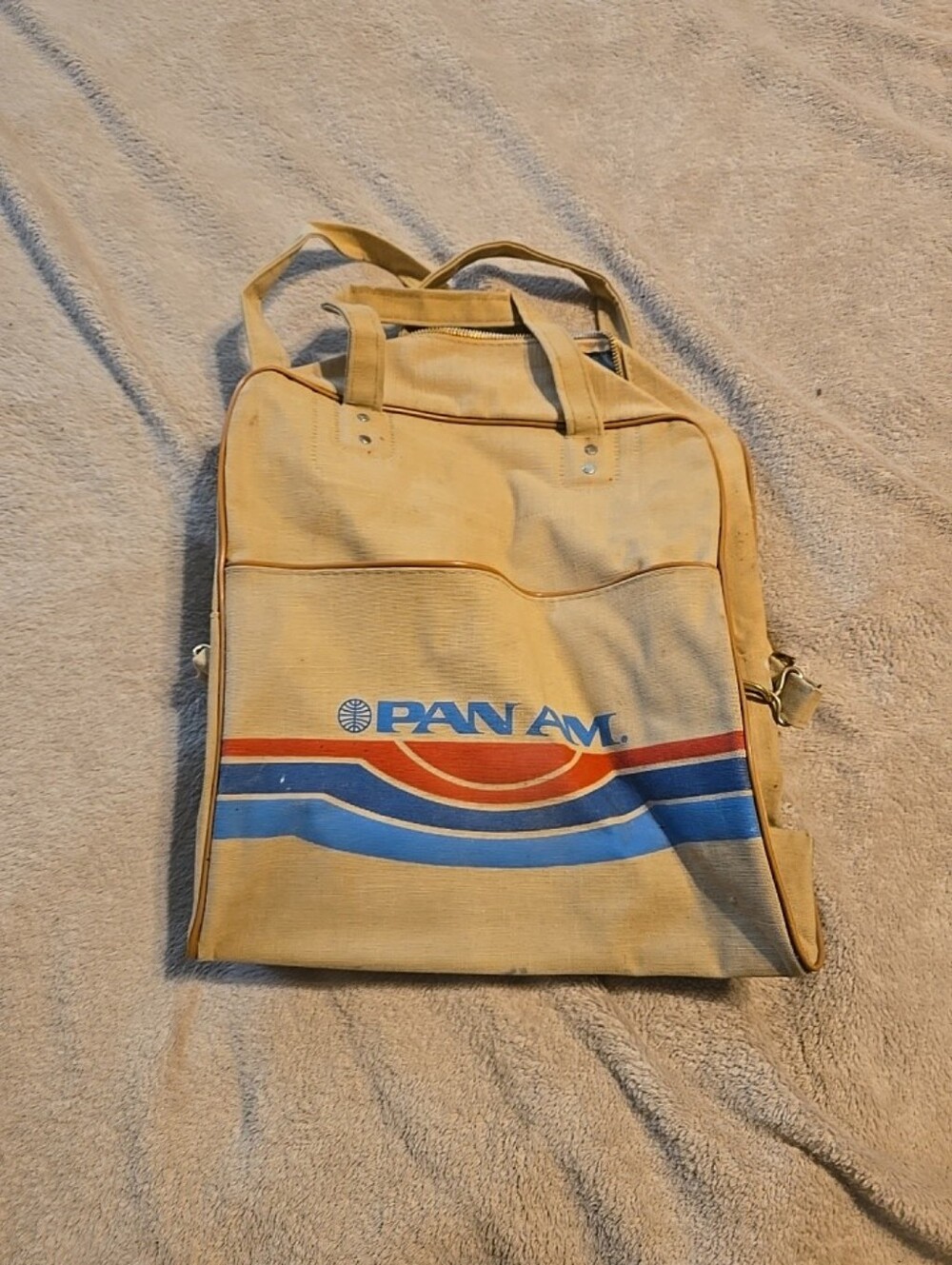 100326 Vintage 70s PAN AM Tote Bag Carry-on Travel Canvas Tan Retro box 22dd